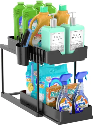 Vista 10 de Organizador para debajo del fregadero y almacenamiento de baño, paquete de 2 unidades, organizador de cesta de gabinete Kicthen de 2 niveles