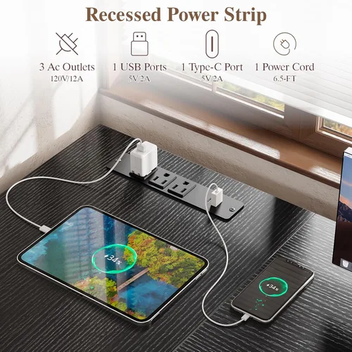 Vista 4 de Furologee Escritorio en forma de L de 55 pulgadas con tomas de corriente y puerto USB-C, escritorio esquinero reversible para computadora