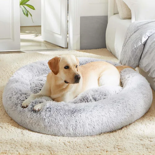 Vista 26 de Cama calmante para perros y gatos, cama antiansiedad, de felpa, con forma de dona, redonda, acolchada, de piel sintética, suave y esponjosa