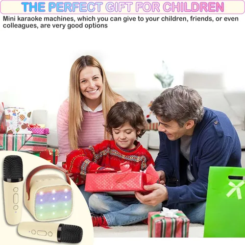 Vista 7 de Mini máquina de karaoke para niños y adultos, juguetes para niños y niñas, regalos para niñas y niños, altavoz Bluetooth con 2 micrófonos Beige