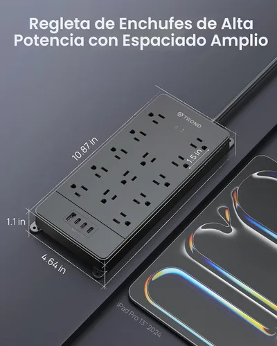 Vista 7 de TROND - Alargador de corriente con enchufe plano giratorio 360°, protector contra sobretensiones, 13 tomas amplias con 3 puertos USB C, 4000 J