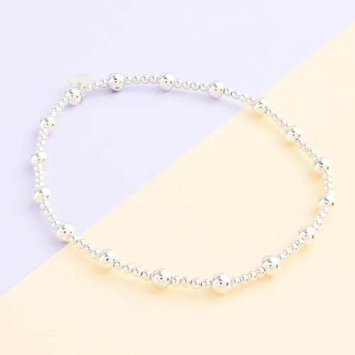 Vista 2 de Compra pulseras de plata de ley 925 LC para mujer, pulseras elásticas de plata de ley con cuentas de estación de bolas, joyería elástica