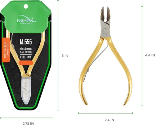 Vista 2 de NGHIA Pinza de uñas dorada - M-555 (acero duro): pinza acrílica de precisión de 16 mandíbulas con acabado chapado en oro, mango curvo y mecanismo
