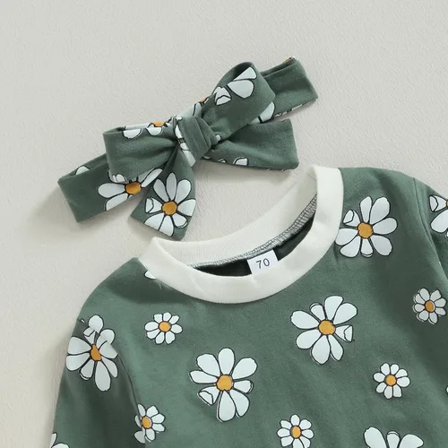 Vista 2 de Conjunto de 2 piezas de sudadera y pantalones de manga larga con cuello redondo y estampado floral para bebé niña