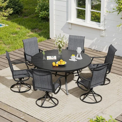 Vista 73 de VICLLAX Muebles pequeños de exterior de 3 piezas, 2 sillas giratorias de patio y mesa redonda pequeña para 2, sillas de carbón oscuro y negro