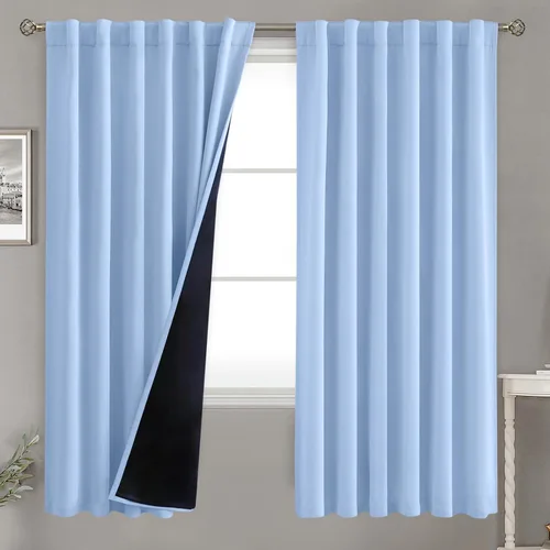 Vista 140 de BGment Cortinas 100% opacas beige de 63 pulgadas de largo con forro aislante térmico, bolsillo para varilla y lengüeta trasera de doble capa