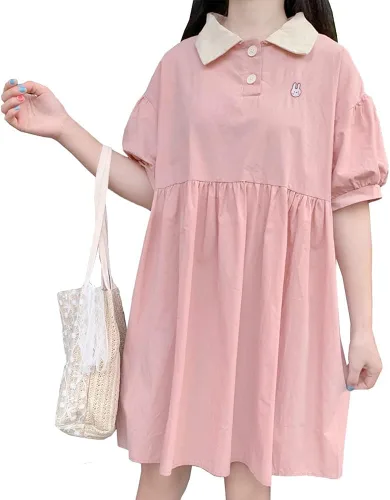 Vista 2 de Himifashion Sweet Lolita - Vestidos góticos de cintura delgada de manga corta con cuello de bebé largo hasta la rodilla japonés Kawaii vestido