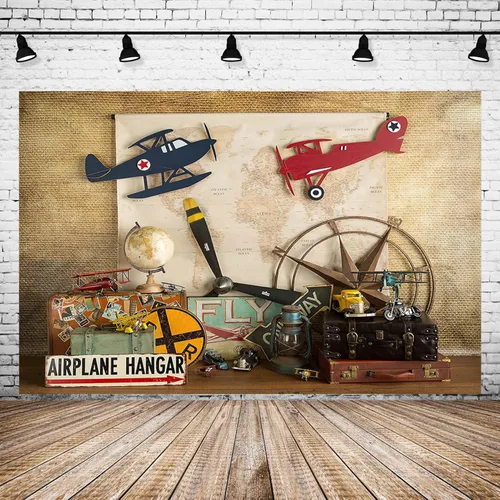 Vista 4 de Telones de fondo de sueño volador para niños, decoración de fiesta de primer cumpleaños, mapa piloto, avión, maleta de viaje, fondo de fotos, baby