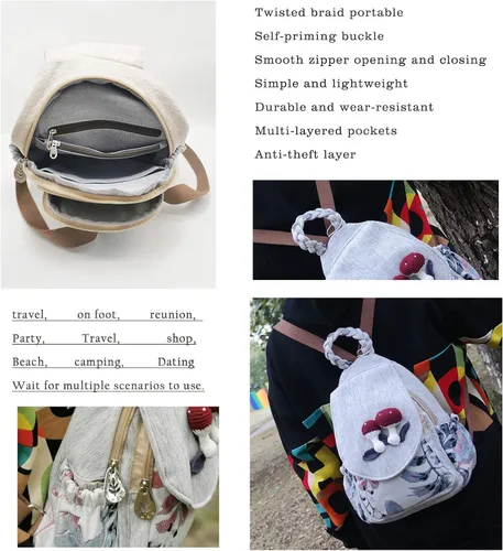 Vista 37 de HUANGGUOSHU Mochila de algodón tejida de algodón bohemio con bordado de lona estilo bohemio con múltiples bolsillos retro linda mochila cartera