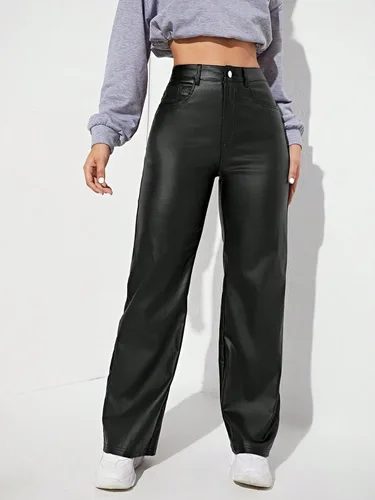 Vista 6 de MakeMeChic Pantalones de mezclilla elásticos de cintura alta y pierna recta para mujer