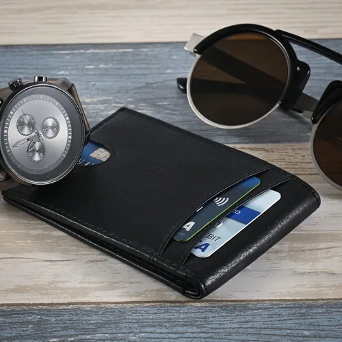 Vista 7 de BULL GUARD Cartera delgada de cuero con bolsillo frontal para hombre, negro (Nappa Black), Minimalista