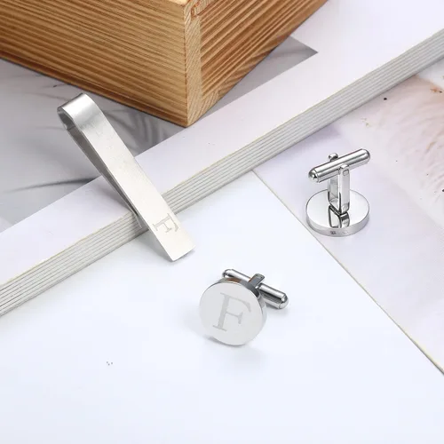 Vista 26 de LOYALLOOK - Gemelos de acero inoxidable grabados con inicial y clip de corbata, diseño de letras del alfabeto con caja de regalo, A-Z