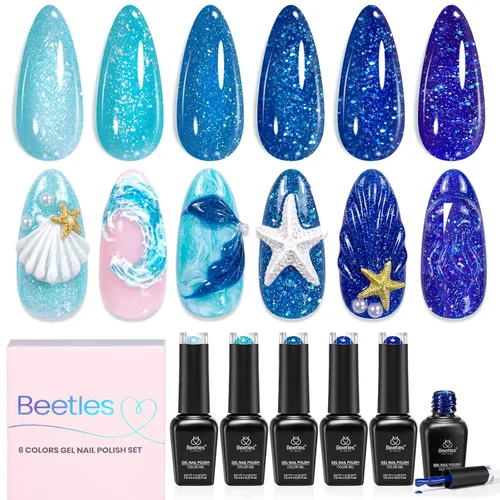 Vista 31 de Beetles - Juego de esmaltes de gel blanco y negro, 6 colores plateados, ojo de gato, purpurina brillante con imán, arte de uñas UV LED, hogar, salón