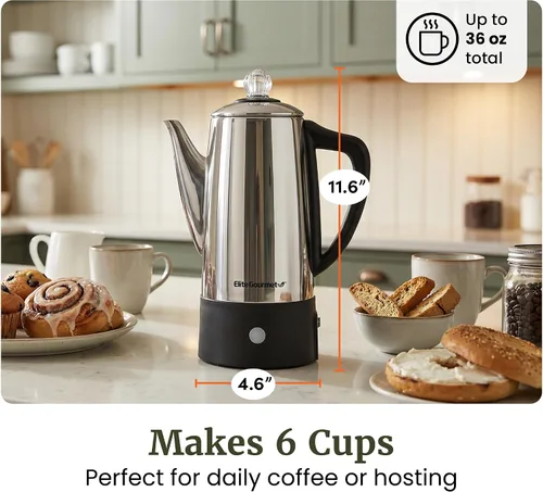 Vista 8 de Elite Gourmet EC140 Cafetera eléctrica de 6 tazas con función de mantener caliente, perilla de progreso de preparación transparente, mango de tacto