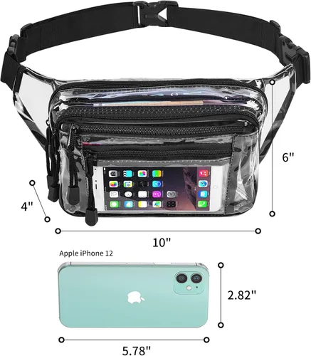 Vista 6 de Riñonera transparente aprobada por estadios para mujeres, para el trabajo, bolsa de cintura multiusos para viajes y eventos deportivos, Negro -, Pvc