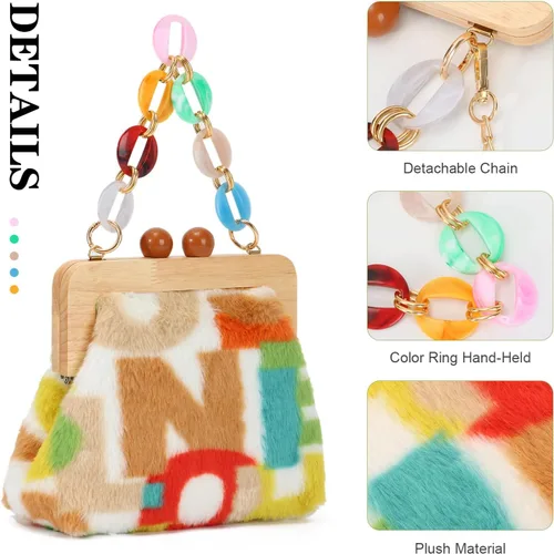 Vista 5 de Bolso de hombro de felpa de moda para mujer, bolso de noche con cierre de beso, suave y esponjoso, bolso de mano para fiesta de boda