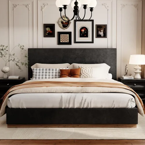 Vista 10 de Base de cama matrimonial con cabecero, plataforma tapizada de terciopelo con base de madera cerrada, estructura de metal y soporte de listones