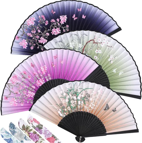 Vista 16 de Zonon 4 Pack de abanicos de mano florales plegables, abanicos de seda de bambú con borla para mujer, abanico de mano hueco plegable con funda