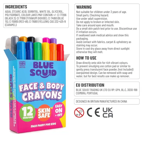 Vista 9 de Blue Squid Lápices de pintura facial – 12 colores vibrantes torcidos y lavables – Kit de pintura facial para fiestas de niños, Halloween, kit