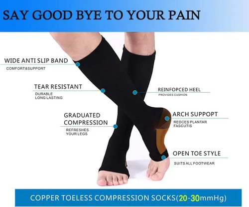Vista 5 de Calcetines de compresión de cobre para mujeres y hombres, punta abierta, 15-20 mmHg, es el mejor apoyo para la recuperación de la circulación y uso