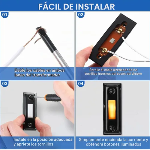 Vista 5 de Dreyoo Botón de timbre de puerta de metal, botón de timbre de puerta con cable de metal resistente con luz LED montada en la pared, botones