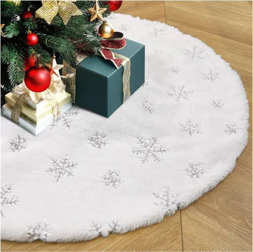 Vista 12 de Falda de árbol de copos de nieve de oro rosa de 24 pulgadas, faldas de árbol de piel sintética blanca, mini faldas de árbol de Navidad, tapete