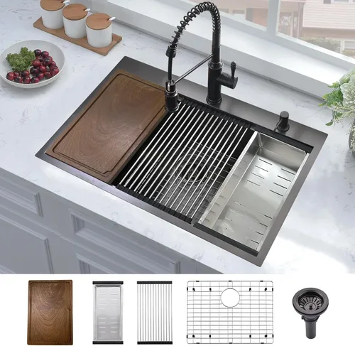 Vista 13 de Fregadero de cocina/bar negro empotrable de 20 x 17 pulgadas, estación de trabajo de acero inoxidable calibre 16, fregadero pequeño para cocina
