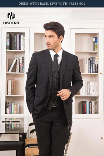 Vista 2 de HISDERN Conjunto de 3 piezas de chaleco formal para hombre, chaleco formal de cachemira floral jacquard corbata bolsillo cuadrado chalecos