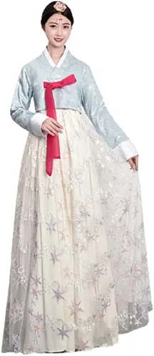 Vista 13 de Vestido Hanbok coreano tradicional coreano, ropa tradicional coreana, trajes nacionales coreanos Azul y verde