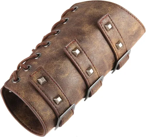 Vista 3 de HZMAN Protectores de brazo de piel sintética para adultos, cinturones medievales con hebilla de cuero, talla única, par de brazaletes de cuero