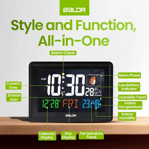 Vista 8 de BALDR Relojes Atómicos para Dormitorios Pantalla Digital Grande - Negro - Reloj de Escritorio con Temperatura Interior y Humedad, Reloj de Mesa