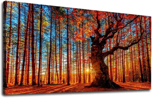 Vista 11 de Arte de pared de bosque grande, bosque y puesta de sol, lienzo, cuadros de hojas rojas, paisaje, lienzo, obra de arte contemporánea de naturaleza