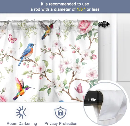 Vista 5 de Jekeno Bird Floral Butterfly Kitchen Curtains Spring Garden Floral Bird Branch Tier Short Rod Pocket Window Drapes for Kitchen Cafe Bathroom 2