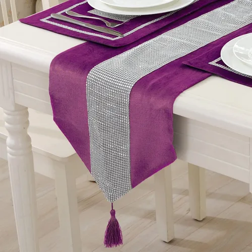 Vista 23 de Camino de mesa largo con lentejuelas y diamantes de imitación y borlas para comedor, Navidad, boda, fiesta, decoración de mesa