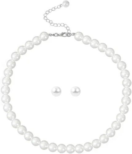 Vista 6 de Juego de collar y aretes de perlas de cristal, collar de perlas para mujer, conjunto de joyas de perlas sintéticas para mujer con cadena de encanto