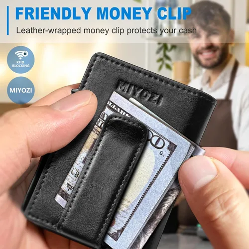 Vista 5 de miyozi Billetera para hombre, con clip para dinero, bolsillo para monedas, ventana para identificación, delgada, bolsillo frontal con bloqueo RFID