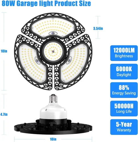 Vista 5 de Luces LED de garaje, 80 W, LED deformable, luces de techo 12000 LM, CRI 80 LED, Luces de Tienda para Garaje, Luces de Garaje con 3 paneles
