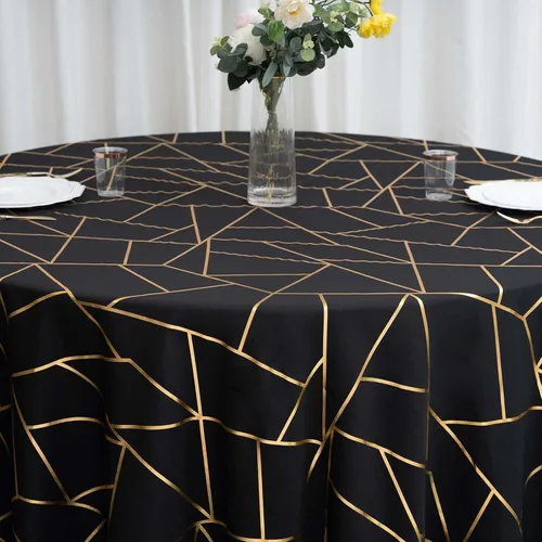 Vista 8 de Efavormart - Mantel redondo de poliéster de 120 pulgadas con patrón geométrico dorado Negro