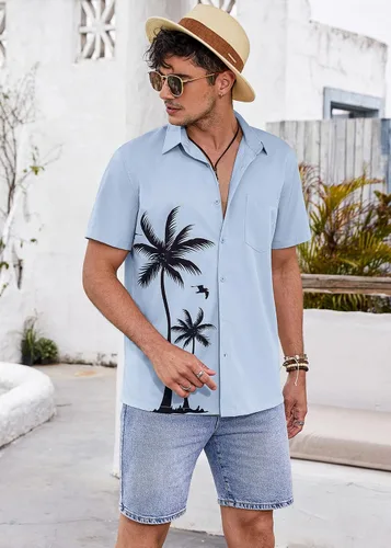 Vista 4 de COOFANDY 2024 Hawaiian Shirts for Men Short Sleeve Button Up Tropical Summer Beach Shirt with Pocket