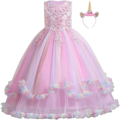 Vista 13 de Vestido de cumpleaños de princesa arcoíris de unicornio para niñas, disfraz de carnaval, fiesta de Navidad, vestido largo con diadema C002 Rainbow