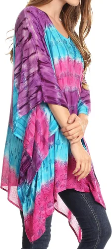 Vista 3 de Sakkas Adalwin Desert Sun - Blusa ligera con diseño de poncho circular con bordado