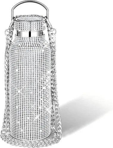 Vista 8 de Geiserailie Botella de agua con diamantes de imitación de acero inoxidable, térmica, recargable, aislada, con cadena, para mujeres y niñas