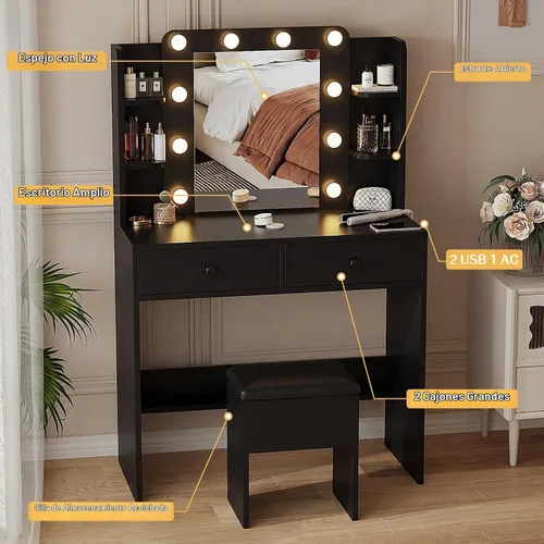 Vista 4 de Haewon Escritorio de maquillaje con espejo iluminado y juego de silla Negro