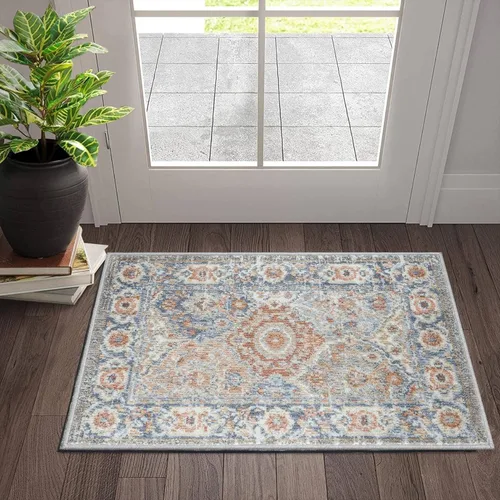 Vista 16 de Fashionwu Alfombra de baño con diseño floral para pasillo, alfombra moderna envejecida para sala de estar, alfombra turca, alfombra estética