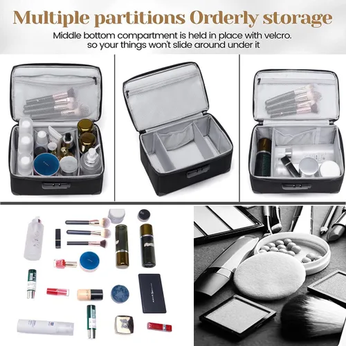 Vista 2 de KaAutoler Bolsa de cosméticos portátil con cerradura, organizador de maquillaje de viaje de gran capacidad, bolsas de maquillaje impermeables