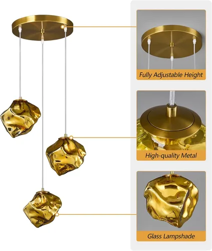 Vista 6 de Modernas luces colgantes doradas para isla de cocina, mini lámparas colgantes de vidrio, lámpara creativa de imitación irregular con forma de piedra