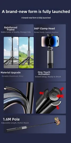Vista 7 de Trípode Selfie Stick para iPhone y Android, trípode portátil con control remoto Bluetooth, apertura con un solo clic, compacto y ligero, todo en 1