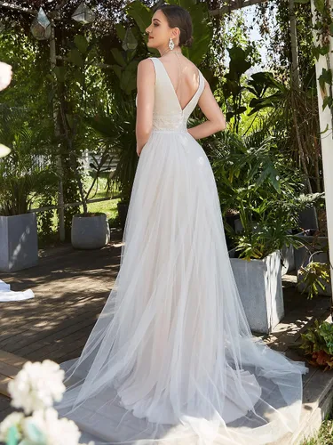 Vista 2 de Ever-Pretty Vestido maxi sin mangas con cuello en V doble encaje una línea de tul fruncido 0096A