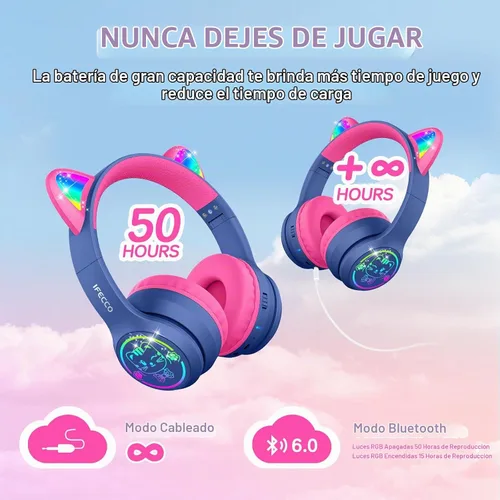 Vista 5 de IFECCO - Auriculares inalámbricos para niños con funda, linda oreja de gato con luz LED, tiempo de reproducción de 50 horas, volumen seguro
