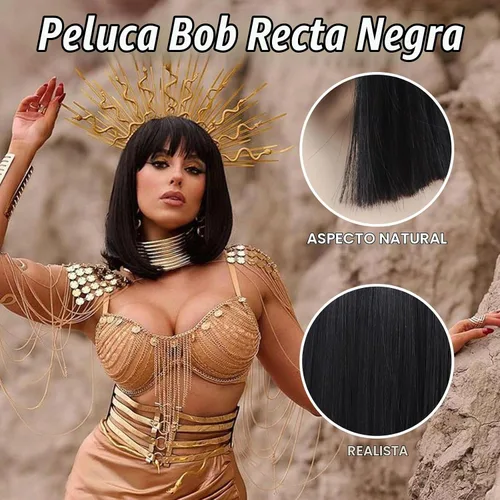 Vista 5 de Peluca de cabello negro de 14 pulgadas con flequillo + diadema de lentejuelas doradas para mujer, disfraz de mujer, pelucas sintéticas resistentes